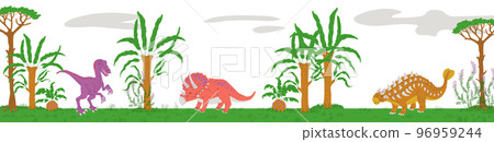 Colorful landscape with dinosaurs walking among palm trees and exotic plants, flat vector illustration. 96959244