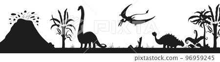 Prehistoric Jurassic and Mesozoic period backdrops vector illustration isolated. 96959245