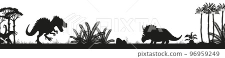 Jurassic period landscape silhouette with dinosaurs and palm trees, flat vector illustration. 96959249