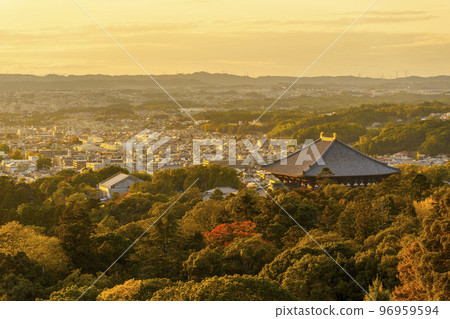 Todaiji Great Buddha Hall dyed in golden color (view from Mt. Wakakusa) Autumn leaves season Todaiji Great Buddha Hall dyed in golden color (view from Mt. Wakakusa) Autumn leaves season 96959594