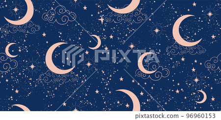 Celestial star seamless pattern with moon and constellation, boho background for taro, astrology, zodiac signs, cosmic vector illustration. 96960153