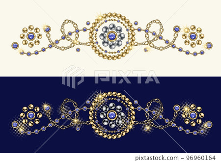 Baroque border motif with swirls. Ornament made made of gold, silver jewelry chains, blue gems, rhinestones, ball beads in vintage style. Vector illustration on white, blue background. 96960164