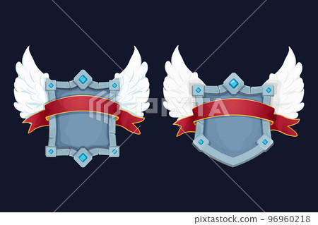 Stone shield, frame with gemstones, award ribbon and wings game victory board in cartoon style isolated on background. Magic royal asset, template. 96960218