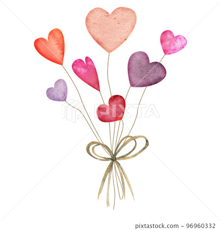 Watercolor hand drawn composition, bouquet of red and purple hearts, bow for Valentine's day. Isolated on white background. Design for paper, love, greeting cards, textile, print, wallpaper, wedding 96960332