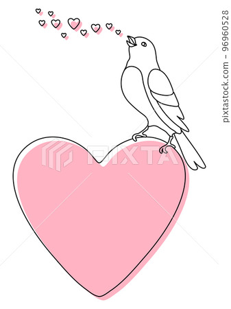 Illustration of cute bird singing and sitting on heart. Image of birdie in simple style. 96960528