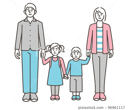 Vector illustration material of a family of four (men, women, children) holding hands with a smile 96961117