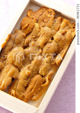 A bird's-eye view of sea urchin, a luxury ingredient in a wooden box 96961732