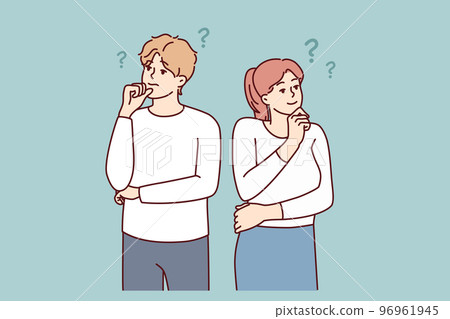 Man and woman look in different directions and scratch their chins thinking idea. Vector image Man and woman look in different directions and scratch their chins thinking idea. Vector image 96961945