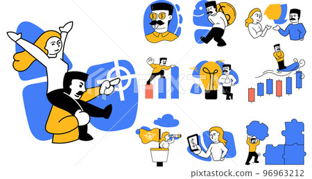 Set of vector illustrations. Employees working on business analytics, developing strategy for professional and personal growth. Concept of business, partnership 96963212