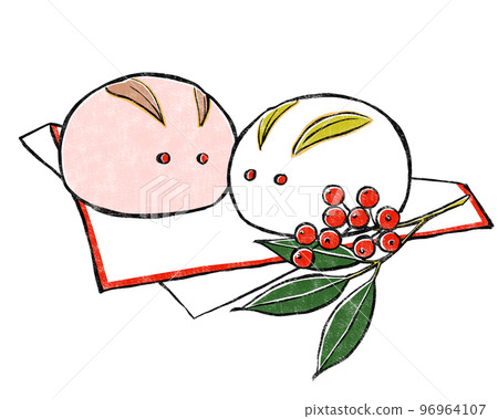 Red and white rabbit buns placed face-to-face on a sheet of paper and accompanied by Nanten (block print style) 96964107