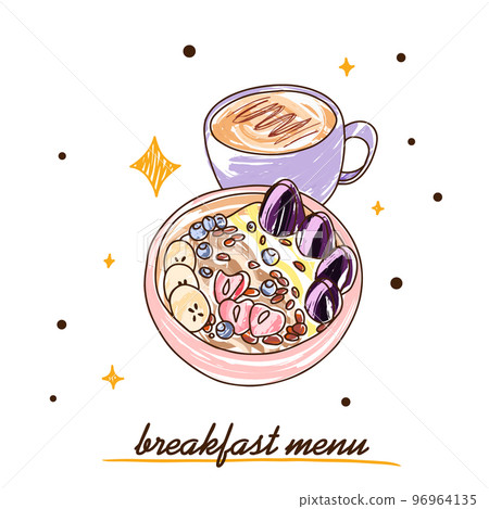 Breakfast menu, oatmeal with fruits and hot coffee, americano with cream Breakfast menu, oatmeal with fruits and hot coffee, americano with cream 96964135