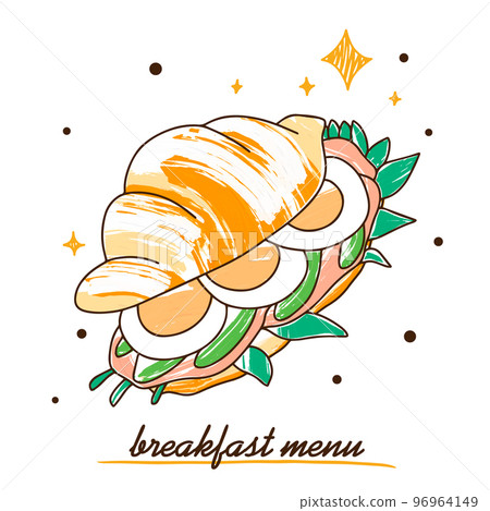 Croissant sandwich with egg and ham decorated with herbs, breakfast menu Croissant sandwich with egg and ham decorated with herbs, breakfast menu 96964149