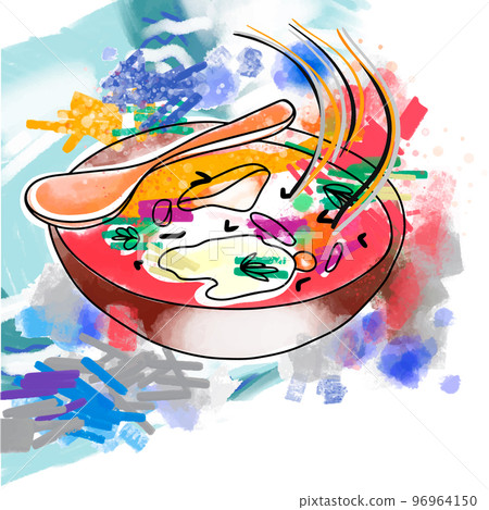 Illustration with wet brush strokes, delicious and bright borscht Illustration with wet brush strokes, delicious and bright borscht 96964150