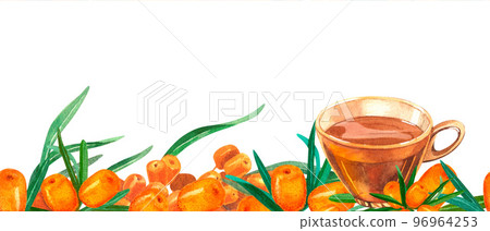 Watercolor seamless frame, glass transparent cup filled with sea buckthorn tea. Hand drawn on a white background. Forest buckthorn perfect for invitation, greeting cards and other design Watercolor seamless frame, glass transparent cup filled with sea buckthorn tea. Hand drawn on a white background. Forest buckthorn perfect for invitation, greeting cards and other design 96964253