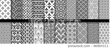 Geometric floral set of seamless patterns. White and black vector backgrounds. Damask graphic ornaments. 96964311