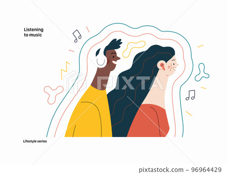 Lifestyle series - Listening to music - modern flat vector illustration of a man and a woman with buds and headphones listaening to music surrounded by waves. People activities concept Lifestyle series - Listening to music - modern flat vector illustration of a man and a woman with buds and headphones listaening to music surrounded by waves. People activities concept 96964429
