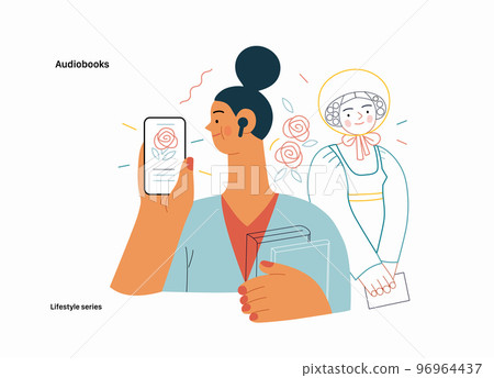 Lifestyle series - Audiobooks - modern flat vector illustration of a woman listening an audiobook with buds in the tablet application and a Victorian Era literary character. People activities concept 96964437