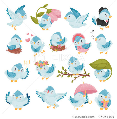 Cute Blue Birdie with Wing and Beak Big Vector Set Cute Blue Birdie with Wing and Beak Big Vector Set 96964505