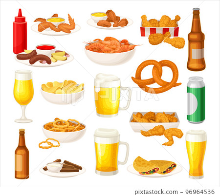 Beer in Mug, Bottle and Different Snacks and Crispy Appetizers Big Vector Set Beer in Mug, Bottle and Different Snacks and Crispy Appetizers Big Vector Set 96964536
