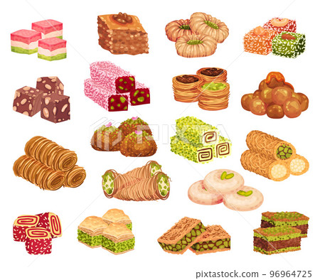Arabic Sweets and Turkish Delights with Famous Baklava and Rahat Lakoum Big Vector Set Arabic Sweets and Turkish Delights with Famous Baklava and Rahat Lakoum Big Vector Set 96964725