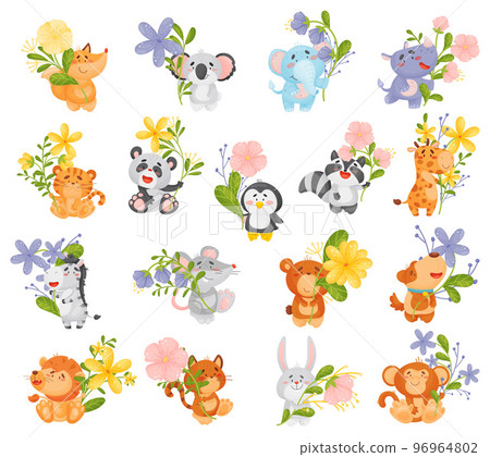 Cute Animals Holding Flower on Stalk with Their Paws Big Vector Set Cute Animals Holding Flower on Stalk with Their Paws Big Vector Set 96964802