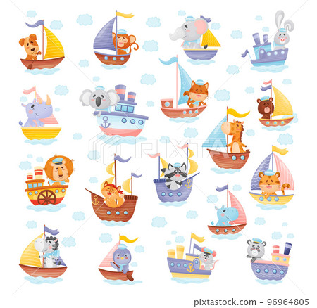 Cartoon Animal Characters in Sailor Hats Boating and Sailing Big Vector Set 96964805