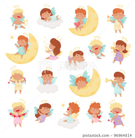 Baby Girl and Boy Angels Characters with Wings at Heaven on Soft Cloud and with Crescent Big Vector Set Baby Girl and Boy Angels Characters with Wings at Heaven on Soft Cloud and with Crescent Big Vector Set 96964814