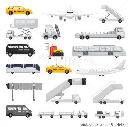 Airport Transfer with Transport in the Terminal with Plane, Taxi and Van Big Vector Set 96964821