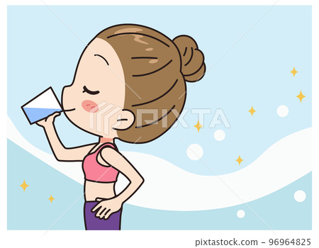一名年輕女子飲用水的插圖 一名年輕女子飲用水的插圖 96964825