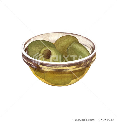 Watercolor Stuffed pickled green olives in glass bowl isolated realistic icon. Handmade appetizer snack, spain or greek cuisine food. Full plate of olives, gourmet dish Watercolor Stuffed pickled green olives in glass bowl isolated realistic icon. Handmade appetizer snack, spain or greek cuisine food. Full plate of olives, gourmet dish 96964938