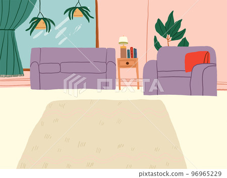 Vector illustration of a cozy living room interior with couches, plants, rug. Vector illustration 96965229