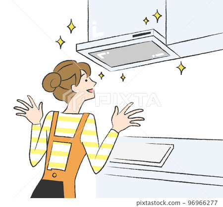 A woman impressed by a shiny and clean range hood 96966277