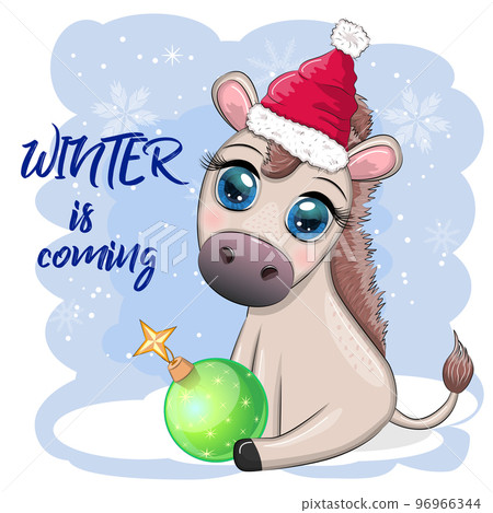 Cute donkey in santa hat with balloon, gift, candy kane, ice skating and winter sports. Postcard for Christmas Cute donkey in santa hat with balloon, gift, candy kane, ice skating and winter sports. Postcard for Christmas 96966344