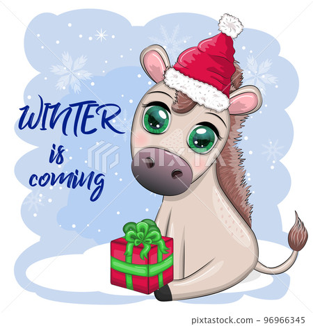 Cute donkey in santa hat with balloon, gift, candy kane, ice skating and winter sports. Postcard for Christmas 96966345
