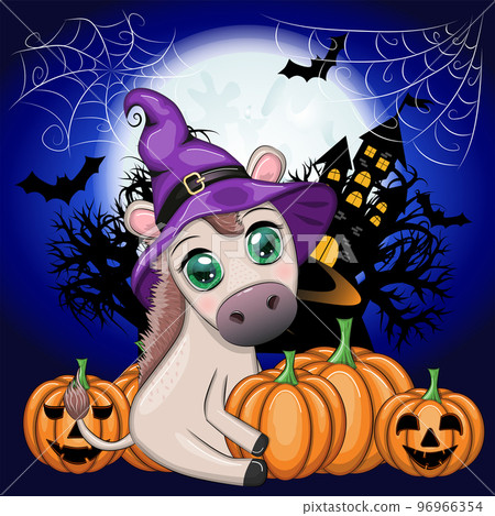 Cute donkey in purple witch hat, with broom, pumpkin, potion. Halloween card for the holiday. Cute donkey in purple witch hat, with broom, pumpkin, potion. Halloween card for the holiday. 96966354