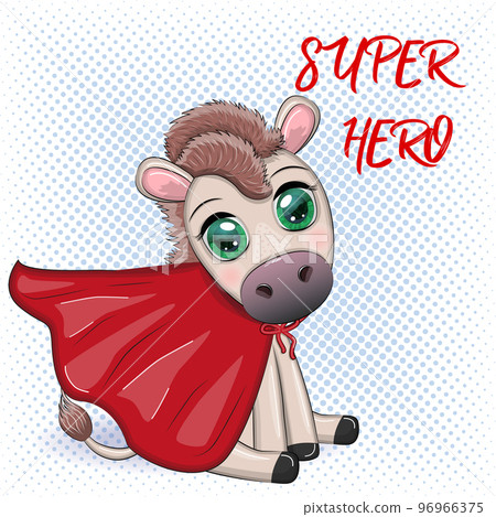 Cute donkey superhero in a red lifeguard cape Cute donkey superhero in a red lifeguard cape 96966375