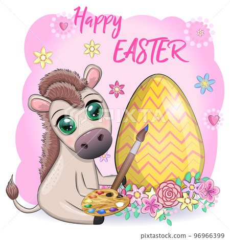 Cute donkey with an easter egg. Easter character and postcard 96966399