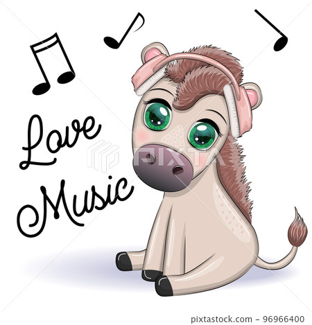 Donkey in headphones listens to music. I love music, cute character Donkey in headphones listens to music. I love music, cute character 96966400