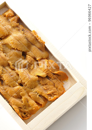 A bird's-eye view of sea urchin, a luxury ingredient, in a wooden box with a white background A bird's-eye view of sea urchin, a luxury ingredient, in a wooden box with a white background 96966427