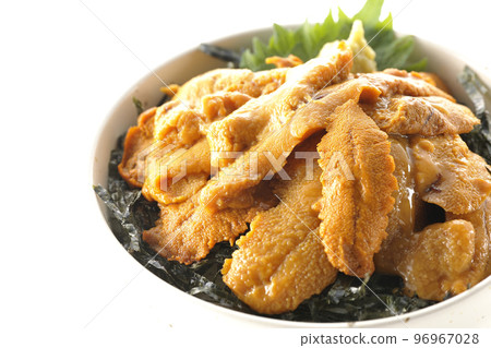 Raw sea urchin bowl with perilla and wasabi on a white background 96967028