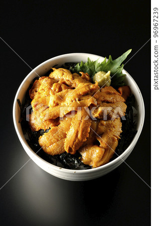 Bird's-eye view shot of raw sea urchin bowl with perilla and wasabi on black background 96967239