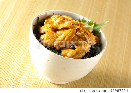 Fresh sea urchin rice bowl topped with perilla and wasabi Fresh sea urchin rice bowl topped with perilla and wasabi 96967364