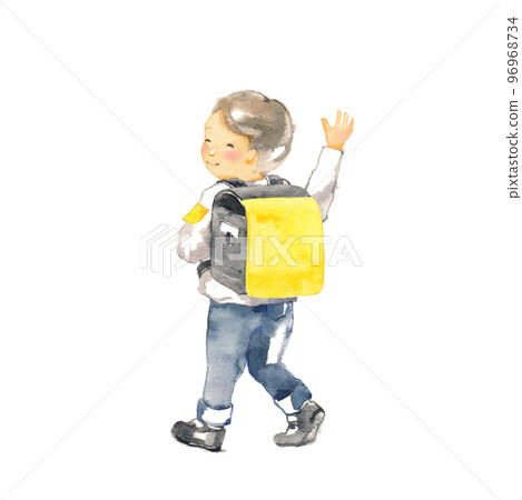 First grade boy carrying a yellow school bag 96968734