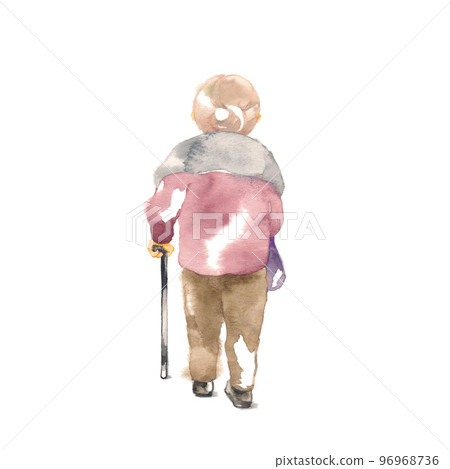 Rear view of an elderly woman walking with a cane 96968736