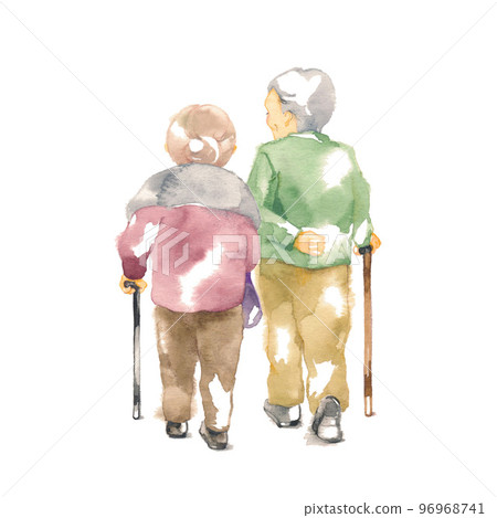 Rear view of an elderly couple walking with a cane Rear view of an elderly couple walking with a cane 96968741