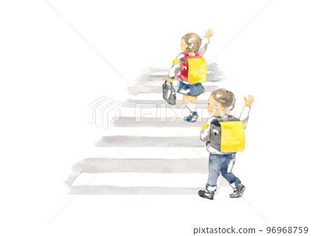 舉手穿過人行橫道的一年級學生 舉手穿過人行橫道的一年級學生 96968759