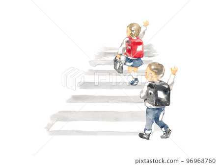 Elementary school students raising their hands and crossing the pedestrian crossing Elementary school students raising their hands and crossing the pedestrian crossing 96968760