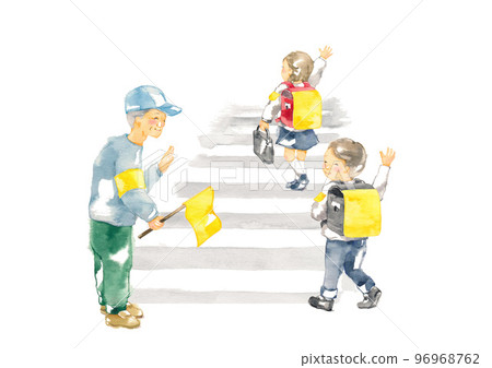 A first grader and a volunteer man raising their hands and crossing the pedestrian crossing A first grader and a volunteer man raising their hands and crossing the pedestrian crossing 96968762