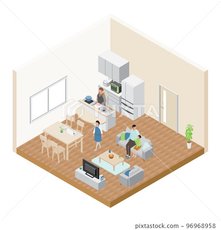 Isometric_A bird's-eye view illustration of a family relaxing in the living room Isometric_A bird's-eye view illustration of a family relaxing in the living room 96968958