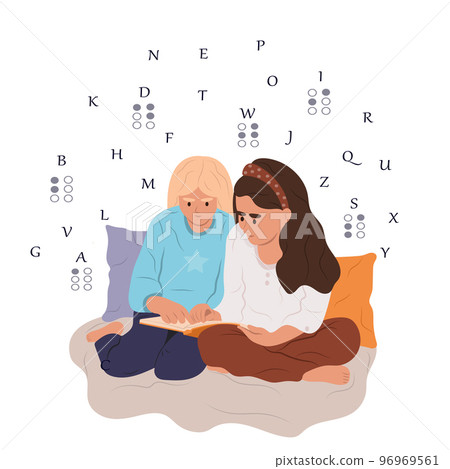 World Braille Day. Happy blind children reading something in braille. Vector flat illustration 96969561